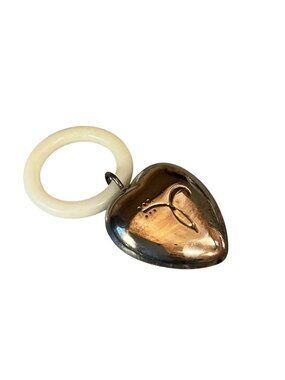 Silver Plate Heart Baby Rattle With White Ring - Vintage Keepsake Gift
